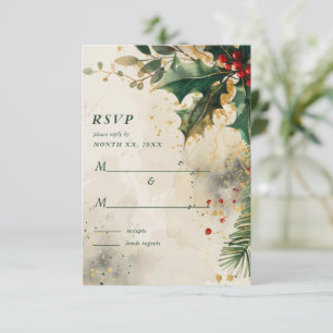 Elegant Holiday Wedding Holly & Ivy Gold Accents RSVP Card