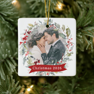 Elegant Holiday Wreath Christmas Wedding Ceramic Ornament
