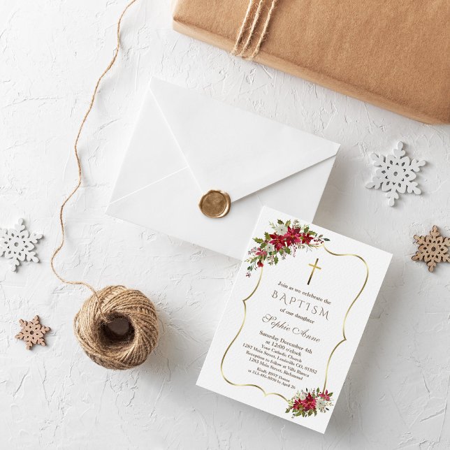 Elegant Holiday Xmas Red White Poinsettia Baptism Invitation (Creator Uploaded)