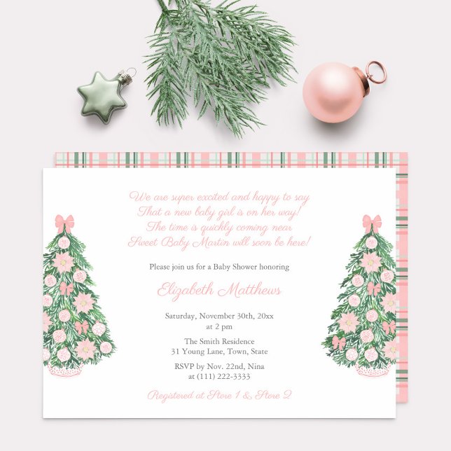 Elegant Holidays Watercolor Girl Baby Shower Party Invitation (Pretty pink maximalist holidays or christmas inspired baby shower for girl invitation)