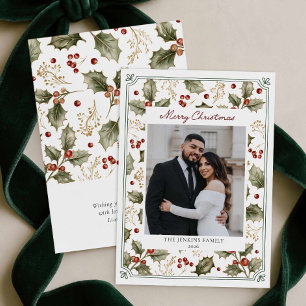 Elegant Holly and Berries Christmas Photo Card