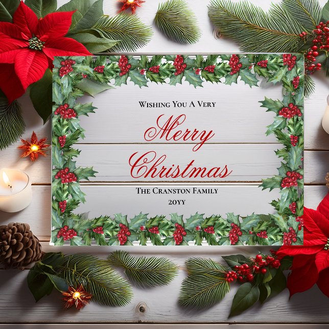 Elegant Holly and Berries Frame Christmas Acrylic Invitations (Elegant Holly and Berries Frame "Merry Christmas" Acrylic Business or Family Christmas Holiday Card )