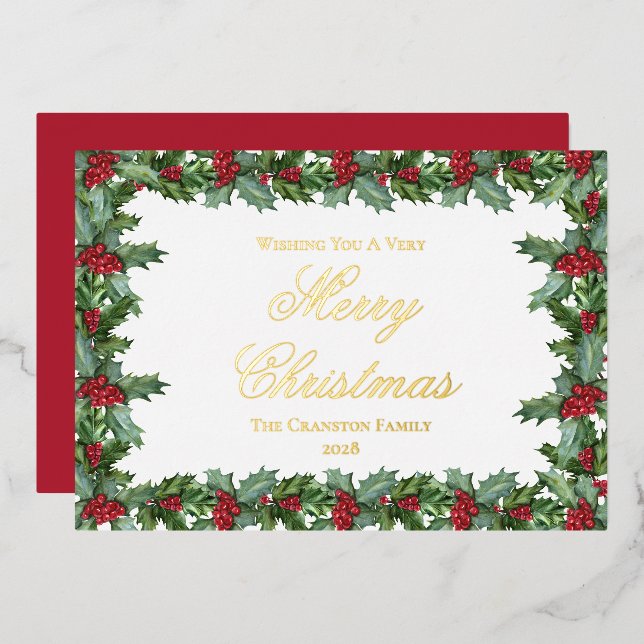 Elegant Holly and Berries Frame Christmas Foil Holiday Card (Front/Back)