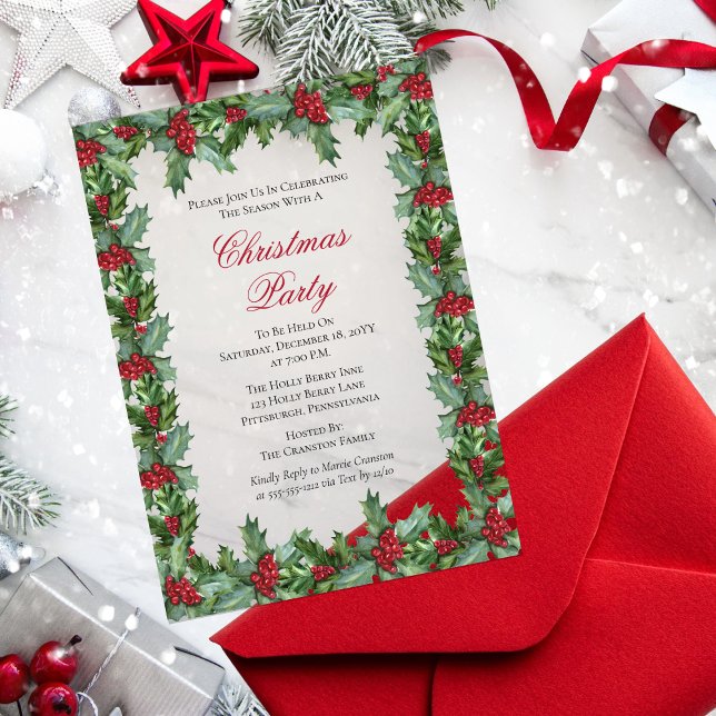 Elegant Holly and Berries Frame Christmas Party Acrylic Invitations (Elegant Holly and Berries Frame Christmas Holiday Party  Acrylic Invitation )