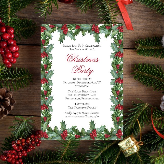 Elegant Holly and Berries Frame Christmas Party Invitation (Elegant Holly and Berries Frame Christmas Holiday Party  Invitation (green back))