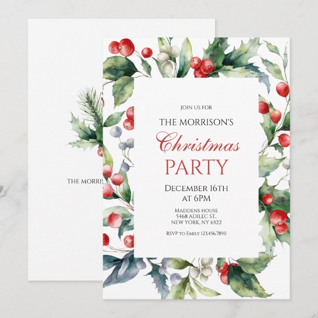 Elegant Holly and Berries Frame Christmas Party Invitation (Front/Back)
