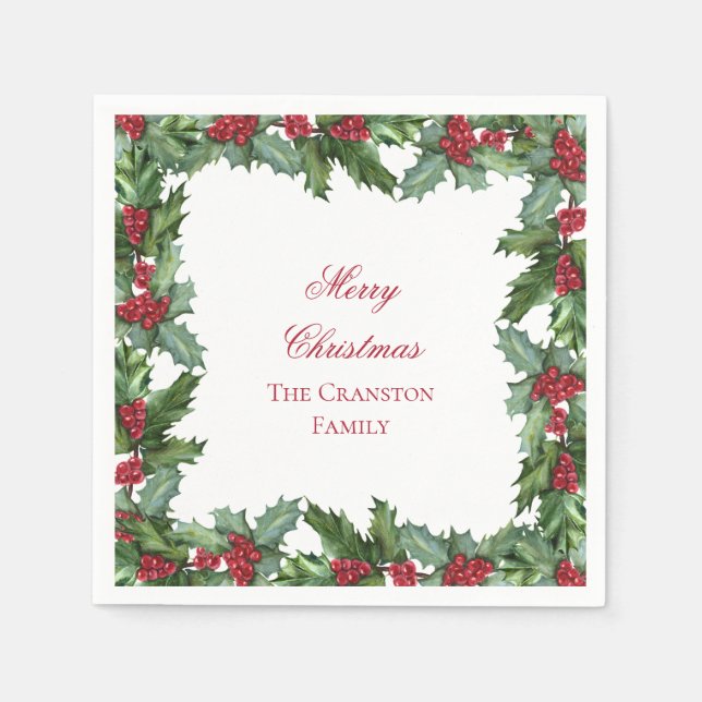 Elegant Holly and Berries Wreath Merry Christmas Napkin (Front)