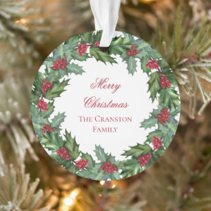 Elegant Holly and Berries Wreath Merry Christmas Ornament