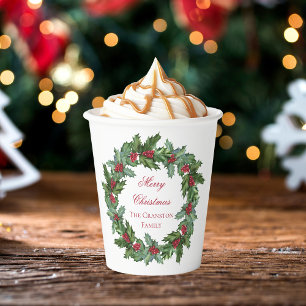 Elegant Holly and Berries Wreath Merry Christmas Paper Cups