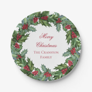 Elegant Holly and Berries Wreath Merry Christmas Paper Plate