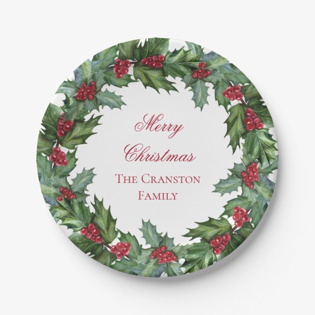 Elegant Holly and Berries Wreath Merry Christmas Paper Plate (Front)