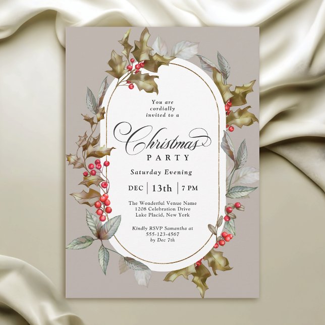 Elegant Holly and Berry Botanical Christmas Party Invitation (Available In both printed and instant download digital formats.)