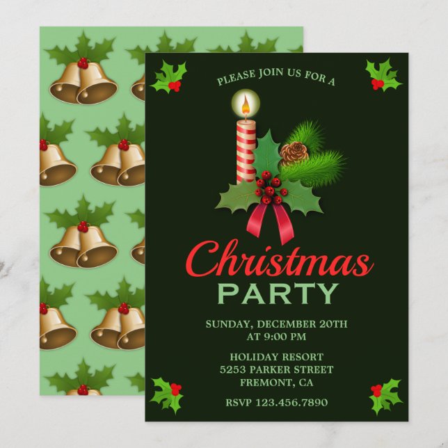 Elegant Holly and Candle | Christmas Party Invite (Front/Back)