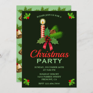 Elegant Holly and Candle   Christmas Party Invite