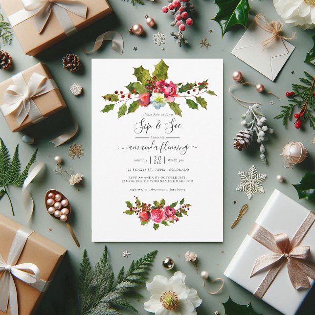Elegant Holly and Ivy Christmas Sip and See Charm Invitation (Christmas Sip and See Invitation)