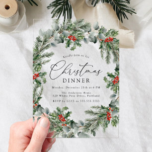 Elegant Holly Berries and Pine Christmas Dinner Acrylic Invitations