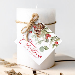 Elegant Holly Berries and Pine Cones Christmas Favour Tags