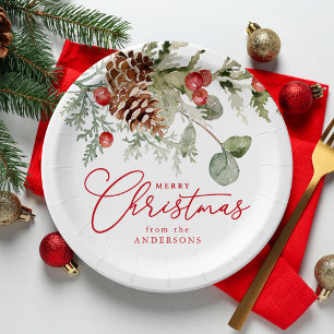 Elegant Holly Berries and Pine Cones Christmas Paper Plate
