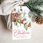 Elegant Holly Berries and Pine Cones Holiday Gift Tags<br><div class="desc">Rustic and elegant holiday gift tags featuring painted red holly berries and pinecones with lush green leaves. "Merry Christmas" is displayed in a festive red calligraphy script with your name or custom text shown below.</div>