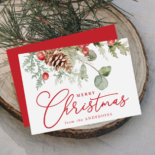 Elegant Holly Berries and Pine Cones Non-Photo Holiday Card