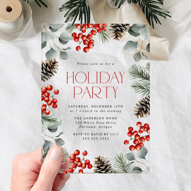 Elegant Holly Berries and Pinecones Holiday Party Acrylic Invitations (Creator Uploaded)