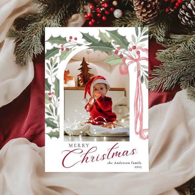 Elegant Holly Berries | Arch Photo Merry Christmas Holiday Card (Creator Uploaded)