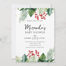 Elegant Holly Berries Christmas Baby Shower