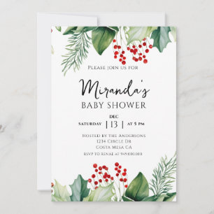 Elegant Holly Berries Christmas Baby Shower Invitation