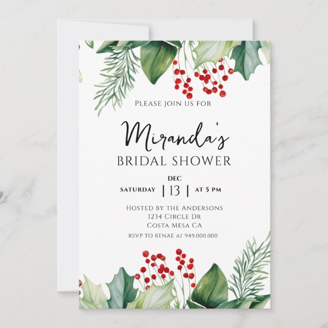 Elegant Holly Berries Christmas Bridal Shower Invitation (Front)