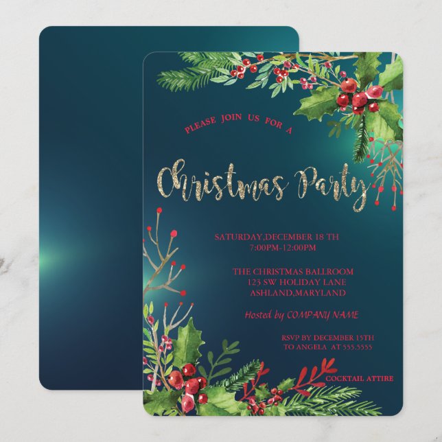 Elegant Holly Berries Company Christmas Party Invitation (Front/Back)