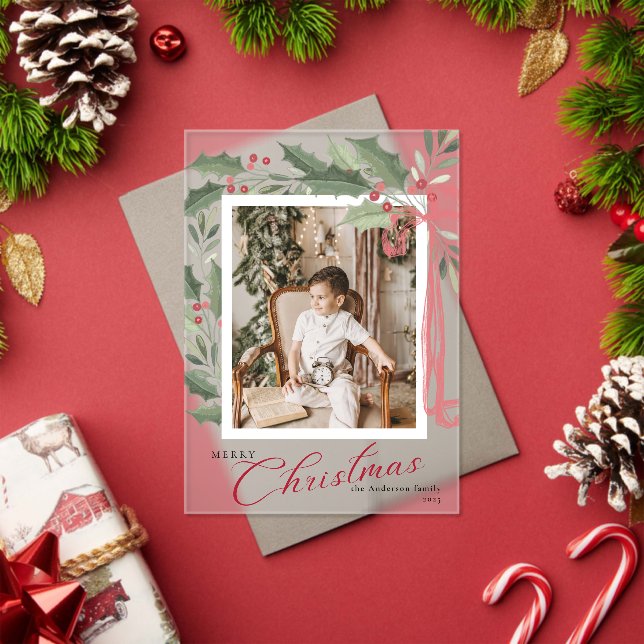 Elegant Holly Berries Family Photo Christmas Card Acrylic Invitations (Insitu (Holiday))
