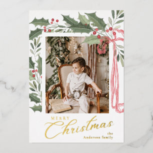 Elegant Holly Berries Family Photo Christmas Foil Holiday Card
