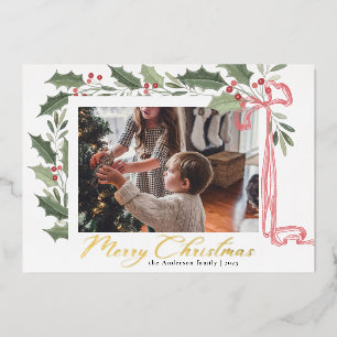 Elegant Holly Berries   Family Photo Christmas Foil Holiday Card