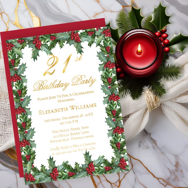 Elegant Holly | Berries Frame 21st Birthday Party (Elegant Holly and Berries Frame 21st Birthday Party Real Gold Foil Invitations)