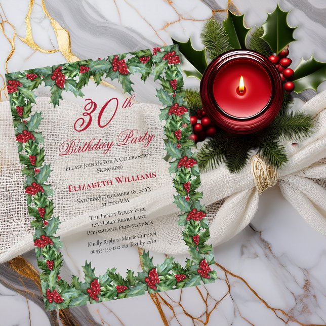 Elegant Holly | Berries Frame 30th Birthday Party Acrylic Invitations (Elegant Holly and Berries Frame 30th Birthday Party Acrylic Invitations)