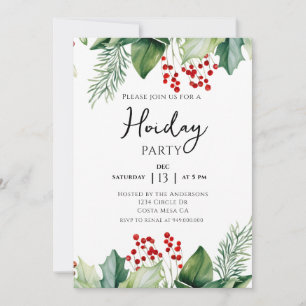 Elegant Holly Berries Holiday Party Invitation