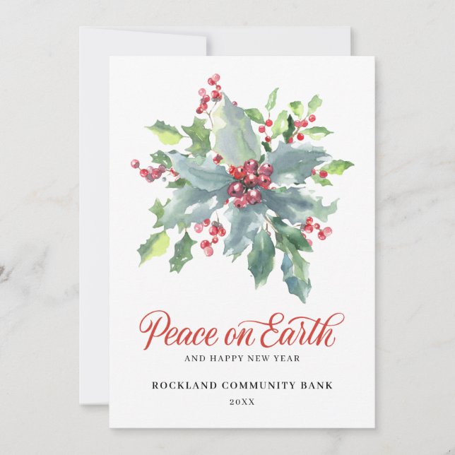 Elegant Holly Berries Non-Photo 2022 Corporate Holiday Card (Front)