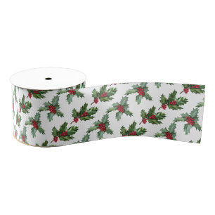 Elegant Holly Berries Pattern Christmas Holiday Grosgrain Ribbon