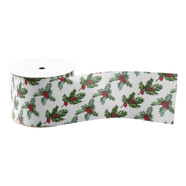 Elegant Holly Berries Pattern Christmas Holiday Grosgrain Ribbon (Spool)