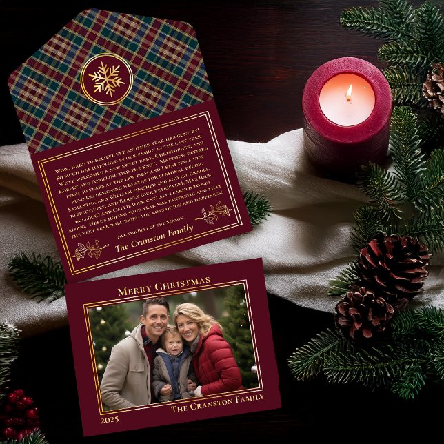 Elegant Holly Berries Plaid Photo Christmas Letter All In One Invitation (Elegant Holly and Berries with Plaid Photo Christmas Holiday  All in One Letter)