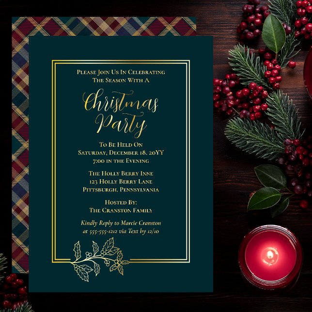 Elegant Holly | Berries Rich Plaid Christmas Party (Elegant Holly and Berries with Rich Plaid Christmas Party Foil Invitations - Dark Teal Green)