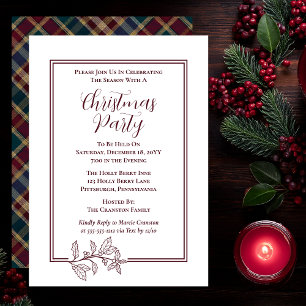 Elegant Holly   Berries Rich Plaid Christmas Party Holiday Card
