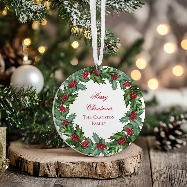 Elegant Holly Berries Wreath Merry Christmas Photo Ornament (Elegant Holly and Berries Wreath Merry Christmas Photo Ornament)