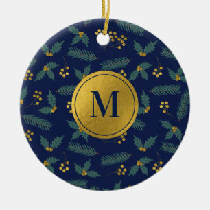 Elegant Holly Berry Christmas Botanical Blue Gold Ceramic Tree Decoration
