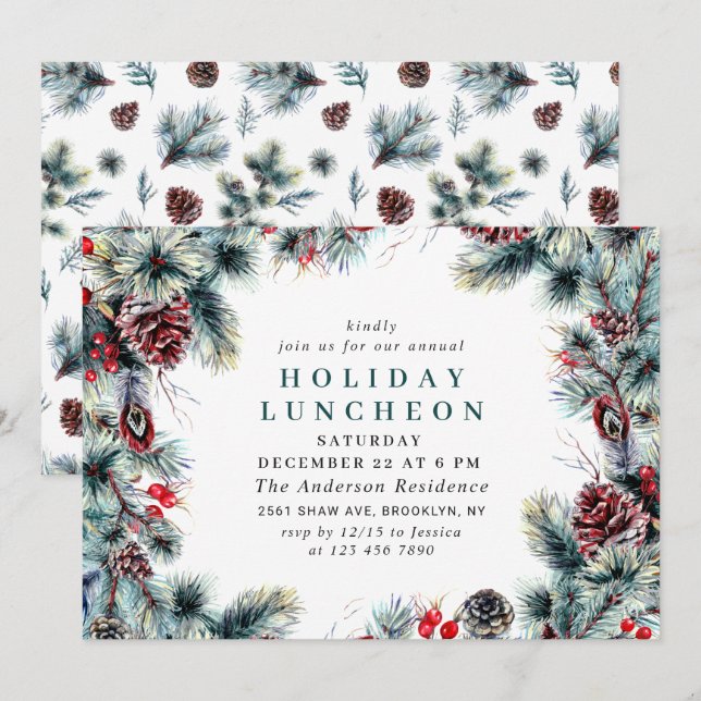 Elegant Holly Berry Christmas HOLIDAY LUNCHEON Invitation (Front/Back)