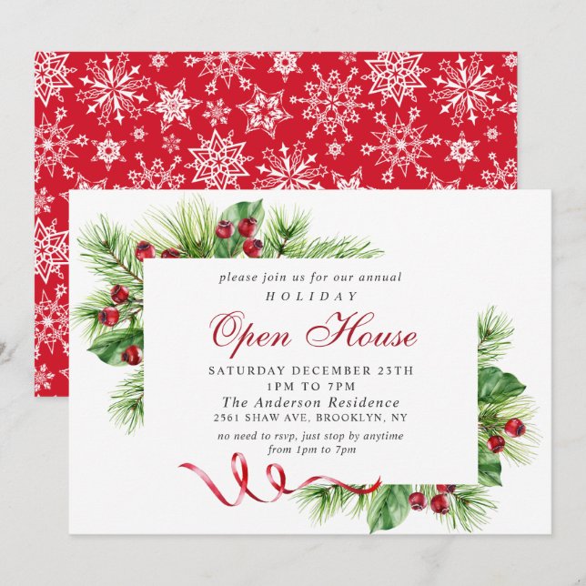 Elegant Holly Berry Christmas Holiday Open House Invitation (Front/Back)
