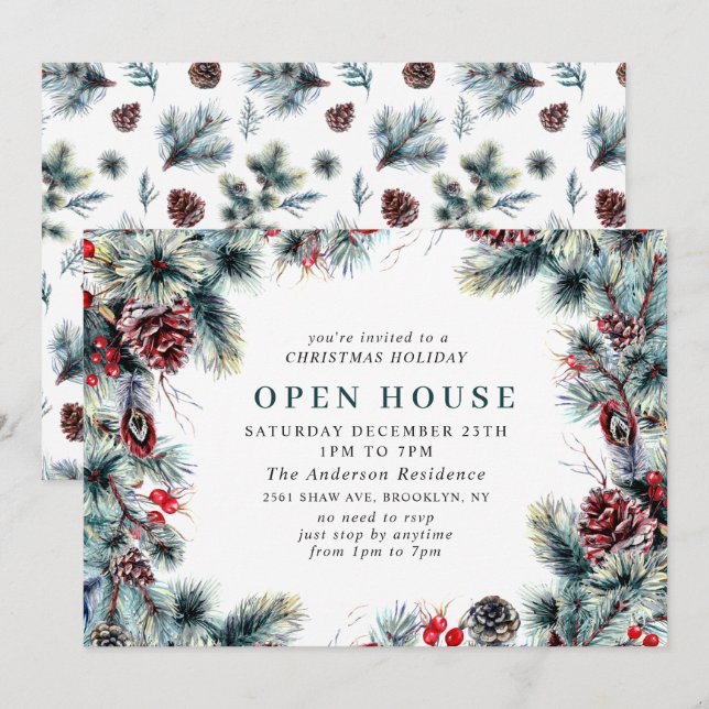 Elegant Holly Berry CHRISTMAS HOLIDAY OPEN HOUSE Invitation (Front/Back)