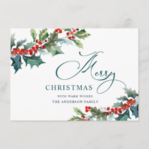 Elegant Holly Berry Christmas Mistletoe Greeting Holiday Card
