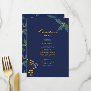Elegant Holly Berry Christmas Party Blue Gold Menu