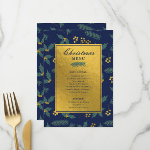 Elegant Holly Berry Christmas Party Blue Gold Menu